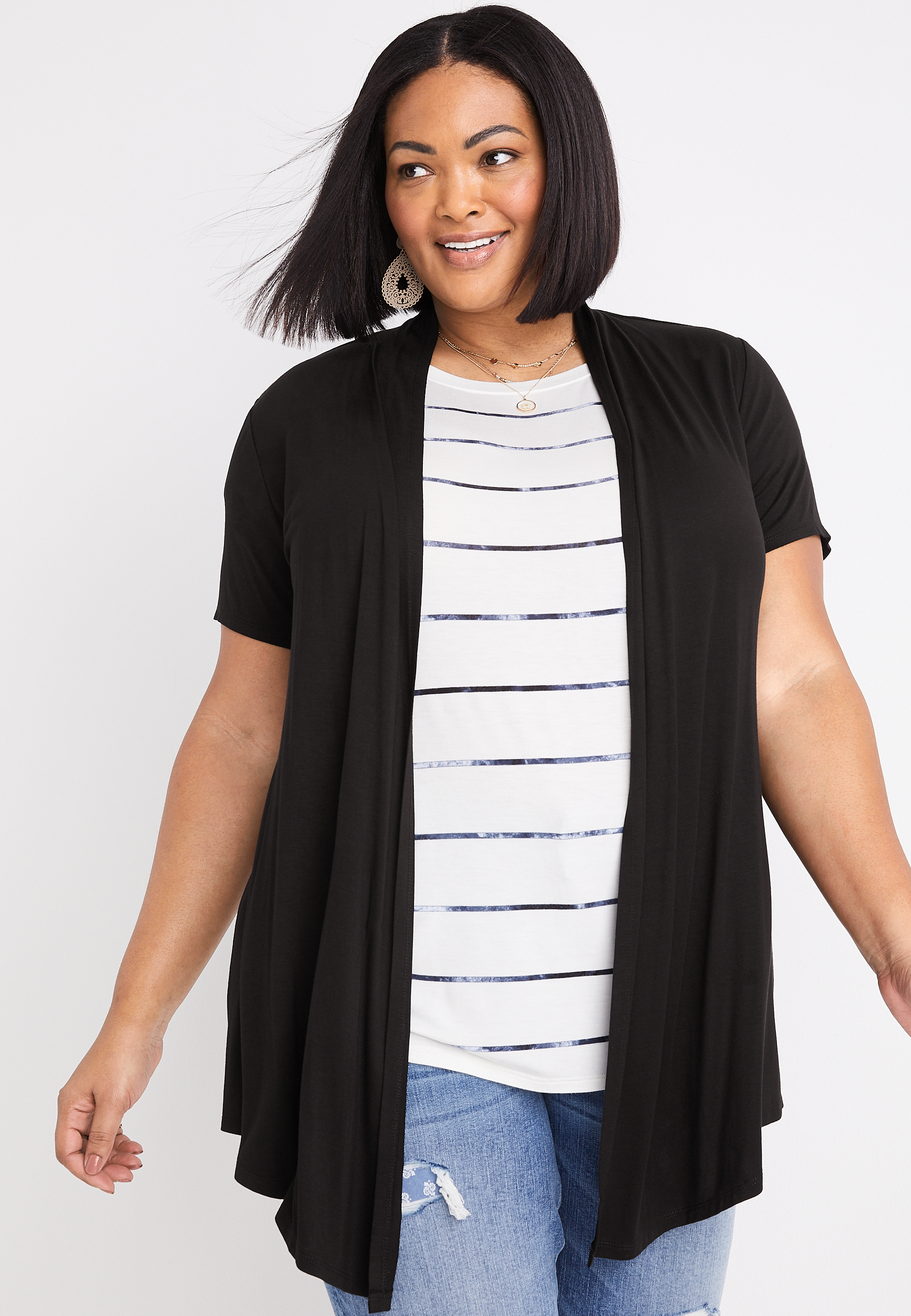 HFS Plus Size Solid Open Front Short Sleeve Cardigan | maurices