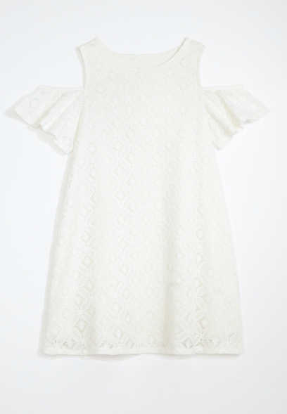 Girls White Crochet Cold Shoulder Dress