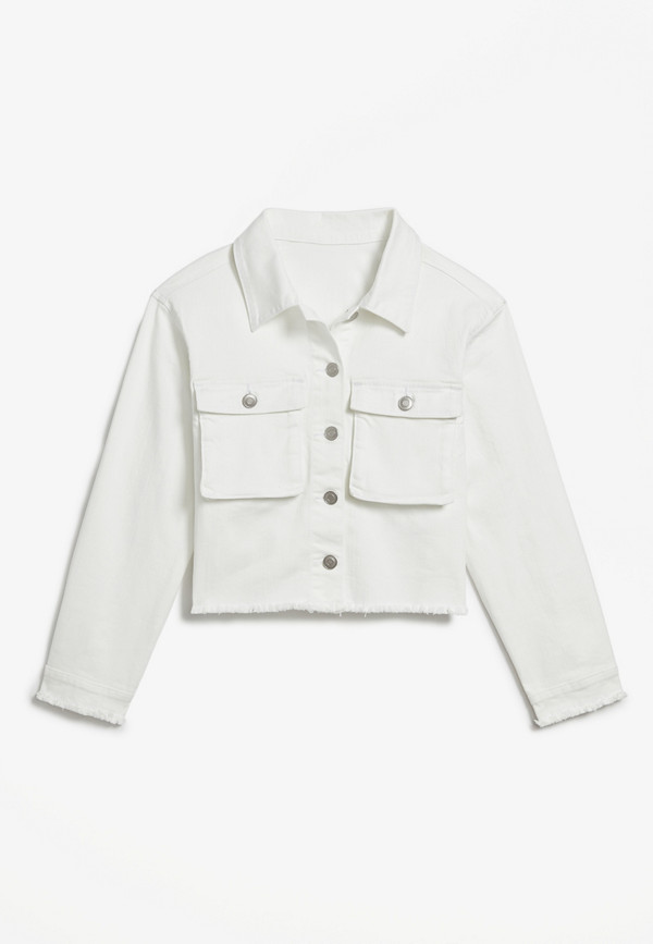 Girls Frayed White Denim Jacket | maurices
