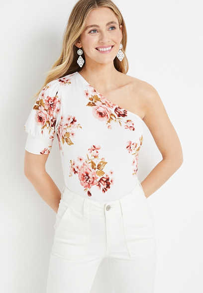One Shoulder White Floral Puff Sleeve Top