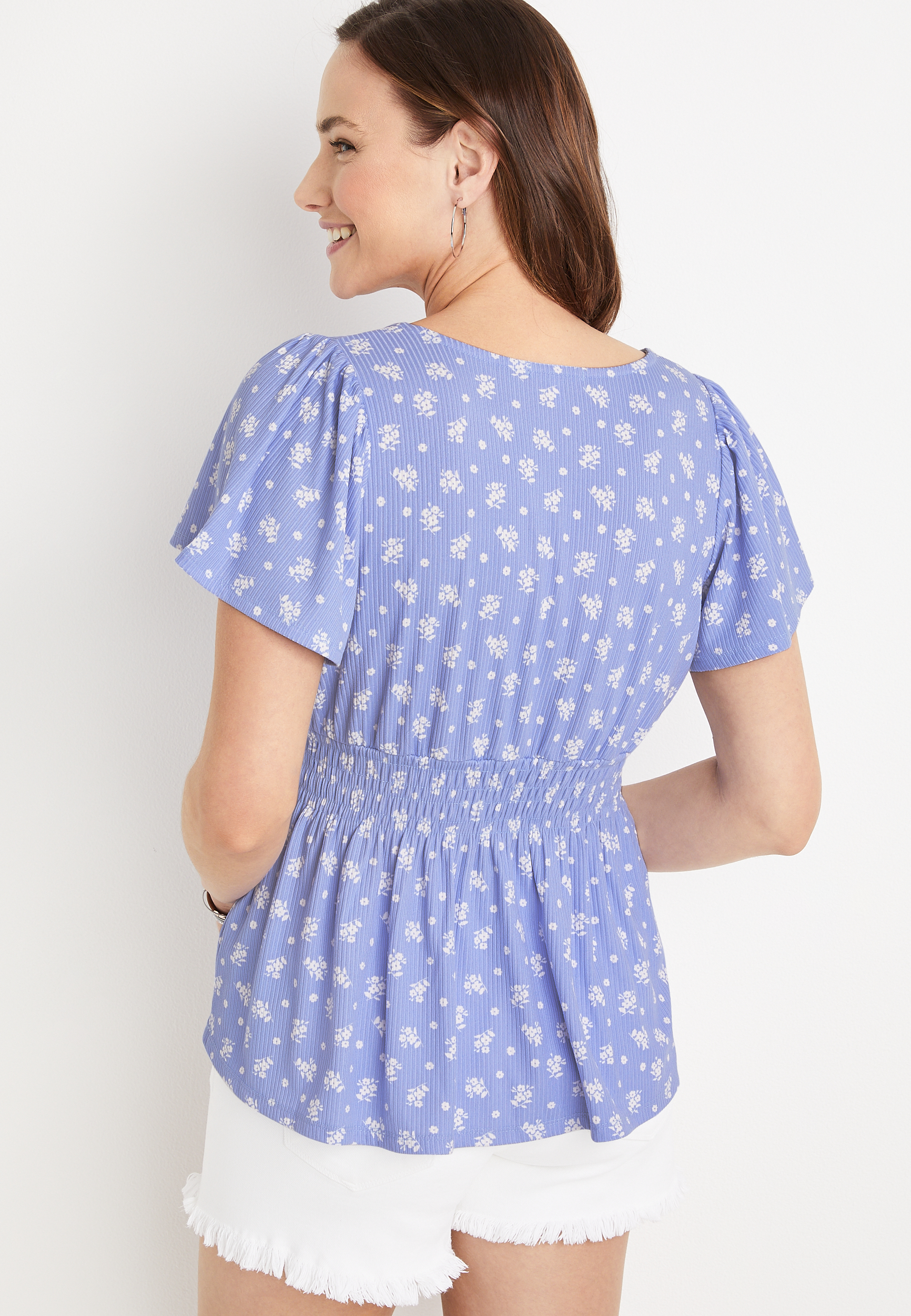 Floral Smocked Waist Flutter Sleeve Top, C1772, large