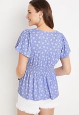 Floral Smocked Waist Flutter Sleeve Top, C1772, small
