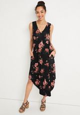 24/7 Floral V Neck Pocket Midi Dress, BLACK COMBO, small