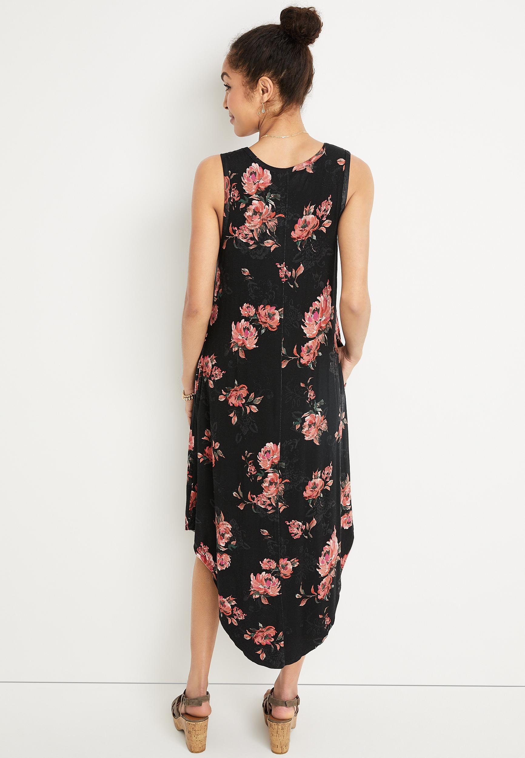 24/7 Floral V Neck Pocket Midi Dress, BLACK COMBO, large