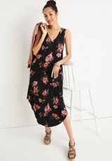 24/7 Floral V Neck Pocket Midi Dress, BLACK COMBO, small