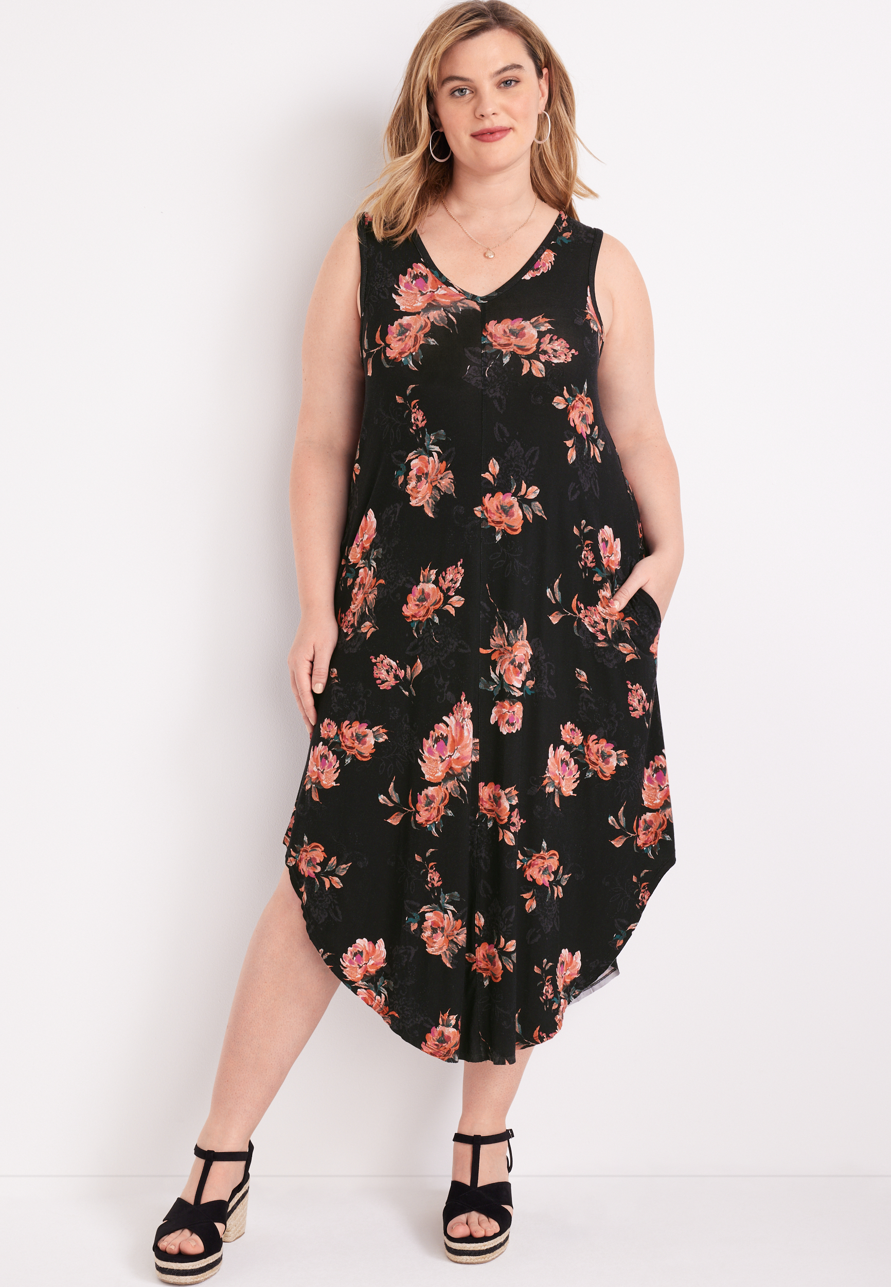 Plus Size 24/7 Black Floral V Neck Pocket Midi Dress maurices