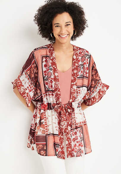 Red Paisley Patchwork Flutter Sleeve Kimono