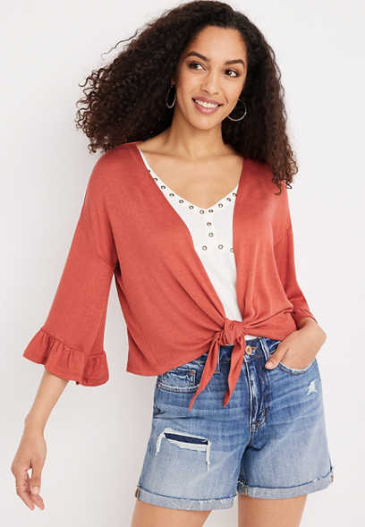 Solid Front Tie Ruffle Sleeve Cardigan