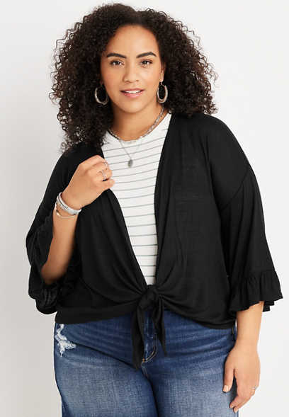 Plus Size Solid Front Tie Ruffle Sleeve Cardigan