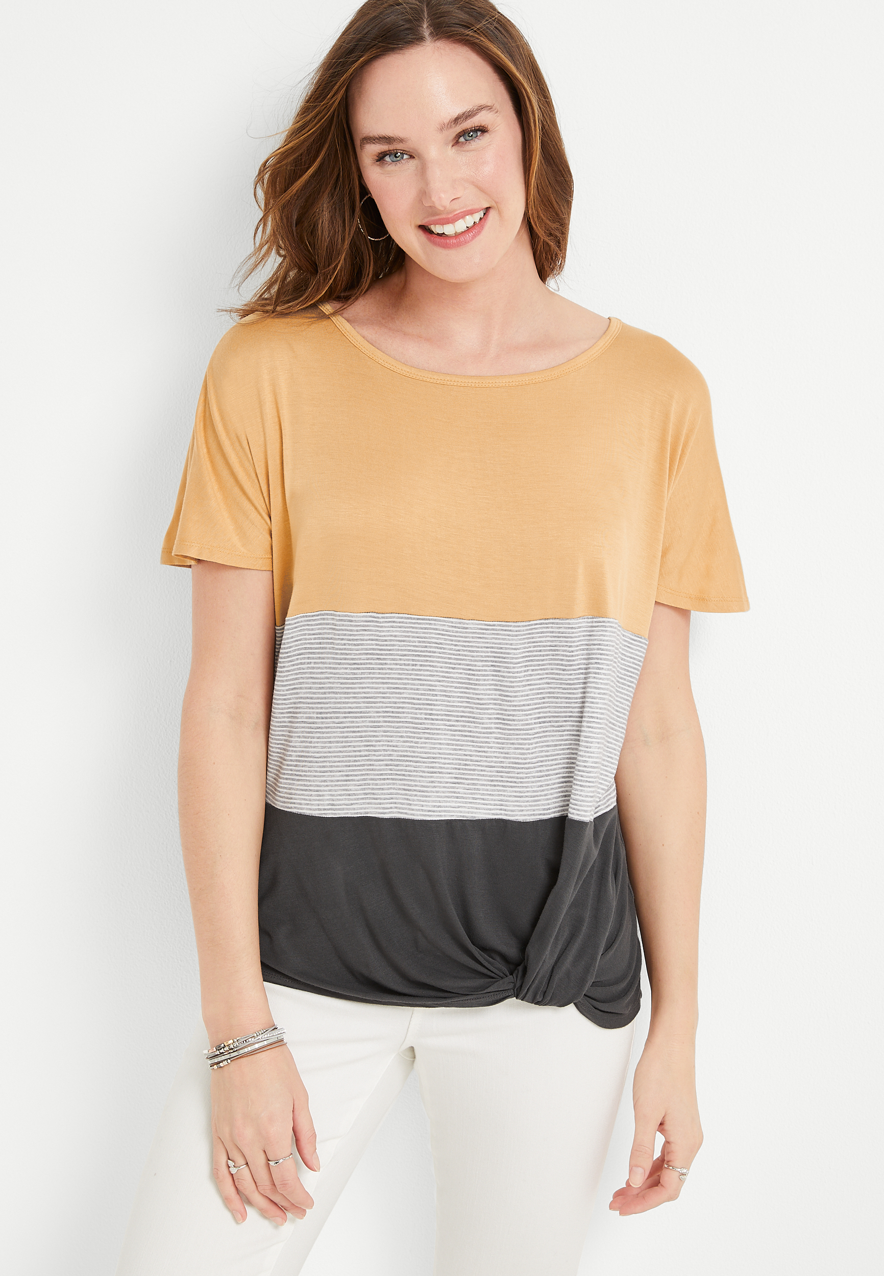 24/7 Flawless Striped Knot Hem Tee | maurices