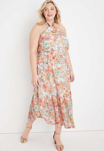 Plus Size Front Twist Floral Halter Midi Dress 