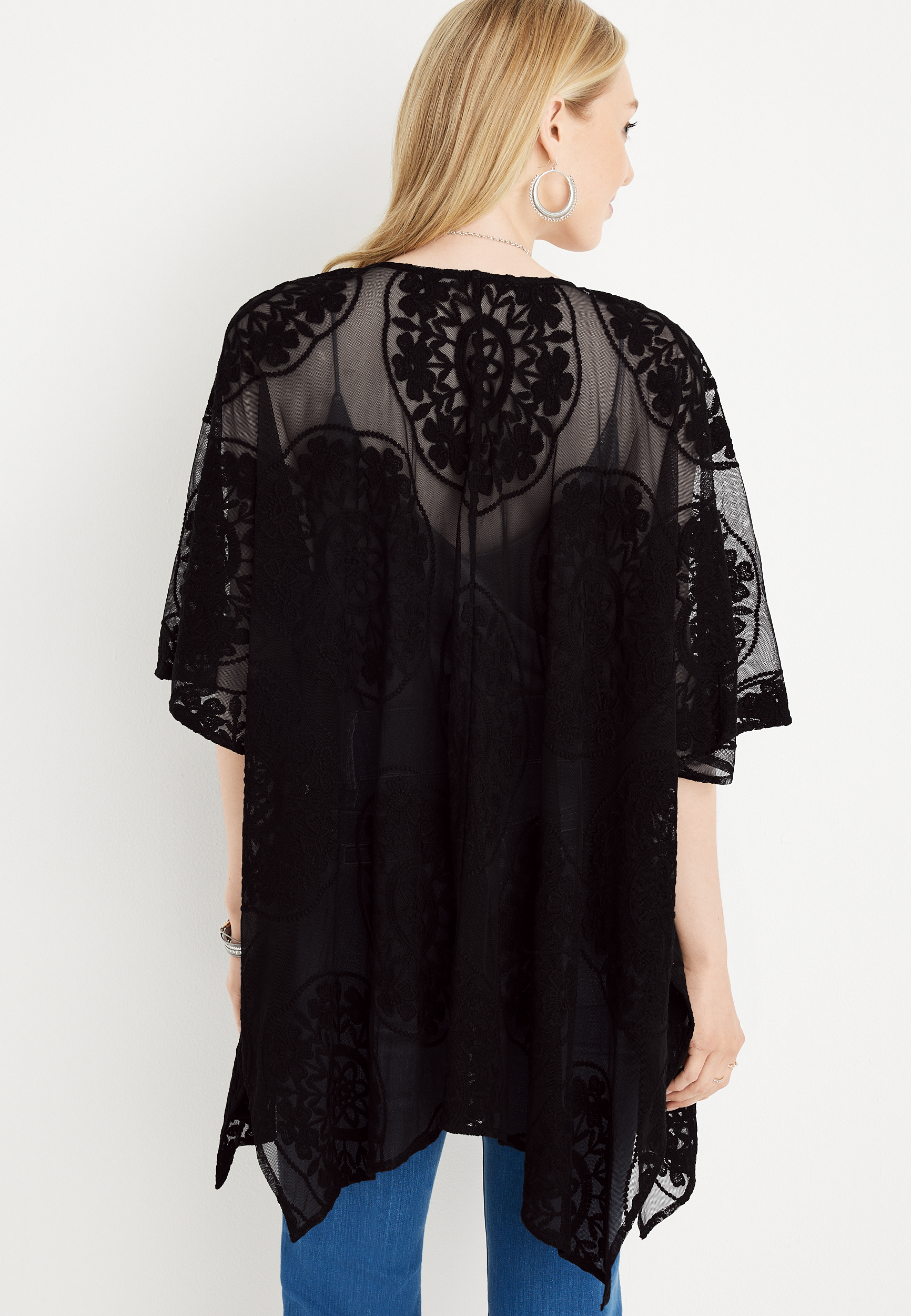 Textured Floral Lace Pattern Kimono, , large