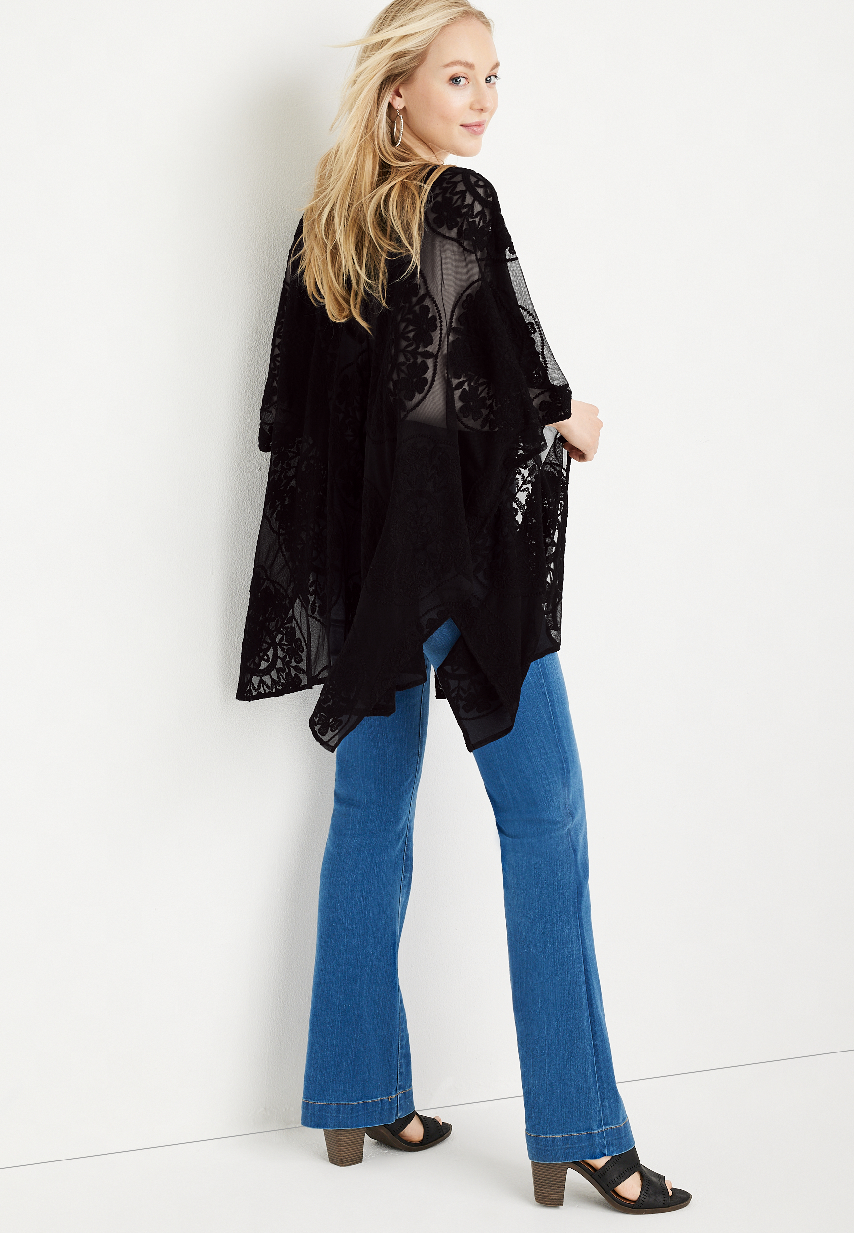 Textured Floral Lace Pattern Kimono, , large