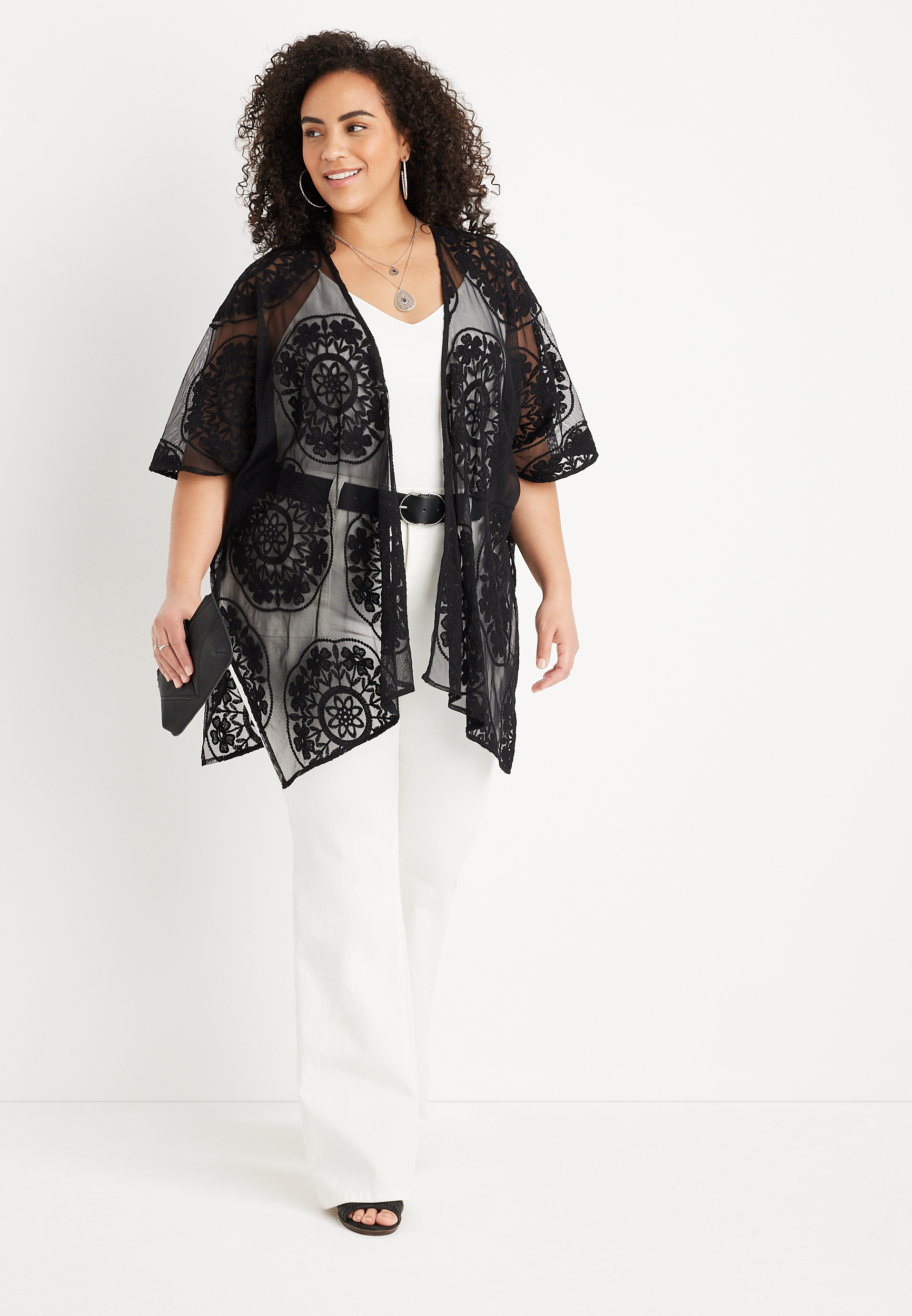 Textured Floral Lace Pattern Kimono, , large