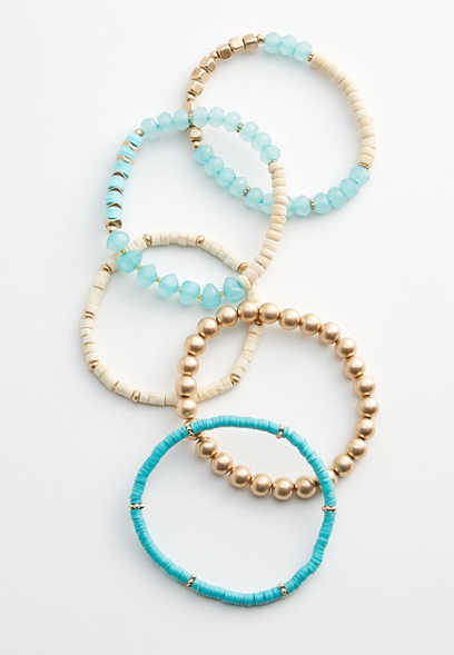 5 Piece Turquoise and Gold Beaded Stretch Bracelet Set
