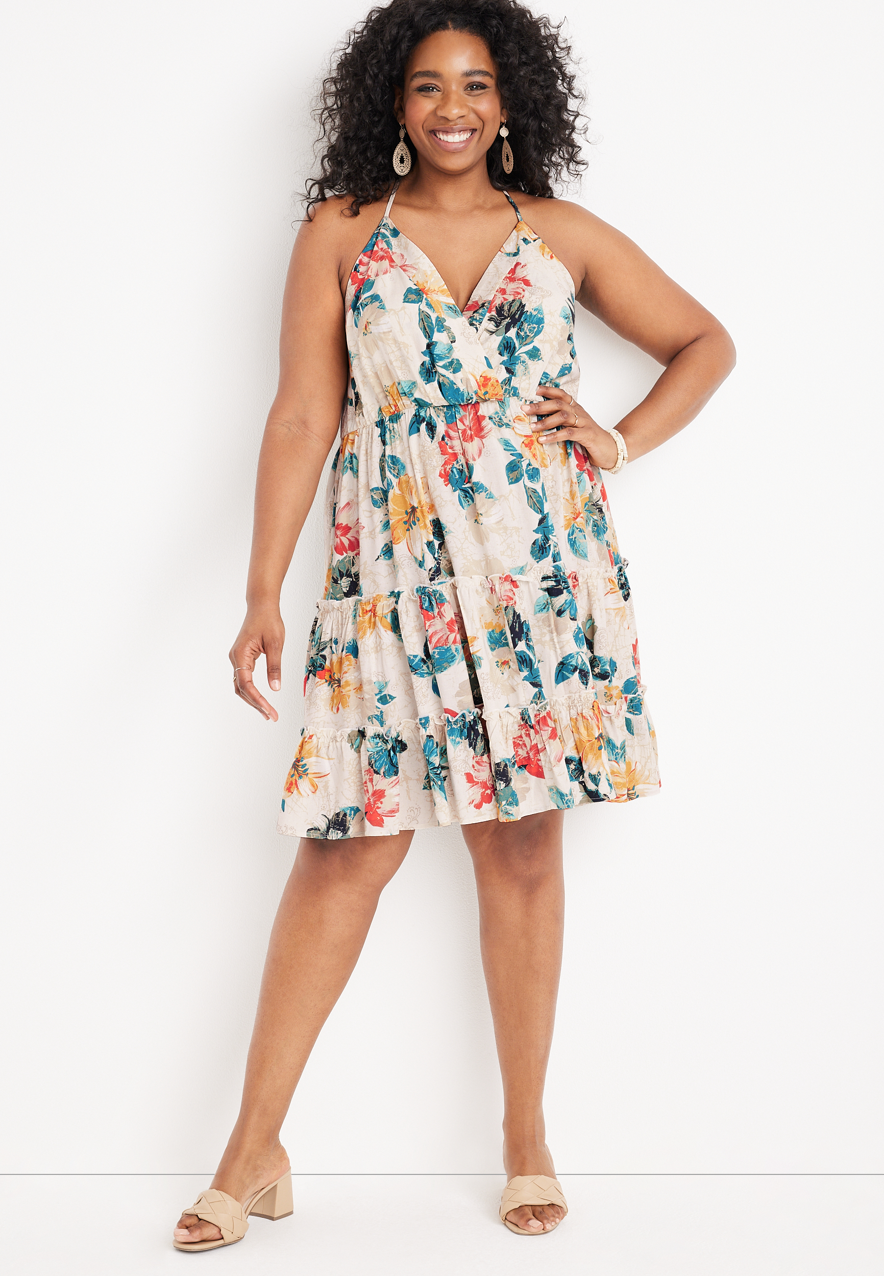 HFS Plus Size Floral Tiered V Neck Mini Dress | maurices