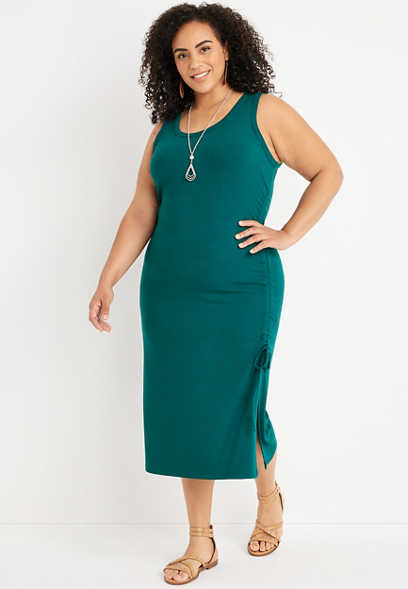 Plus Size Solid Ribbed Cinched Side Midi Dress