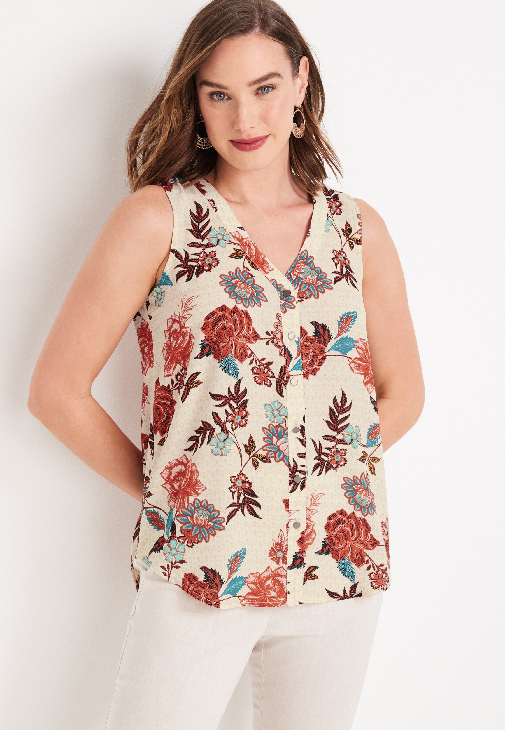 Madison Floral Button Down Tank Top | maurices