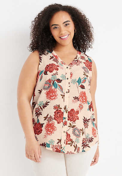Red Floral Cotton Top Jersey Top Plus Sizes 22-36