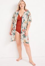 Plus Size White Floral Print Kimono, WHITE COMBO, small