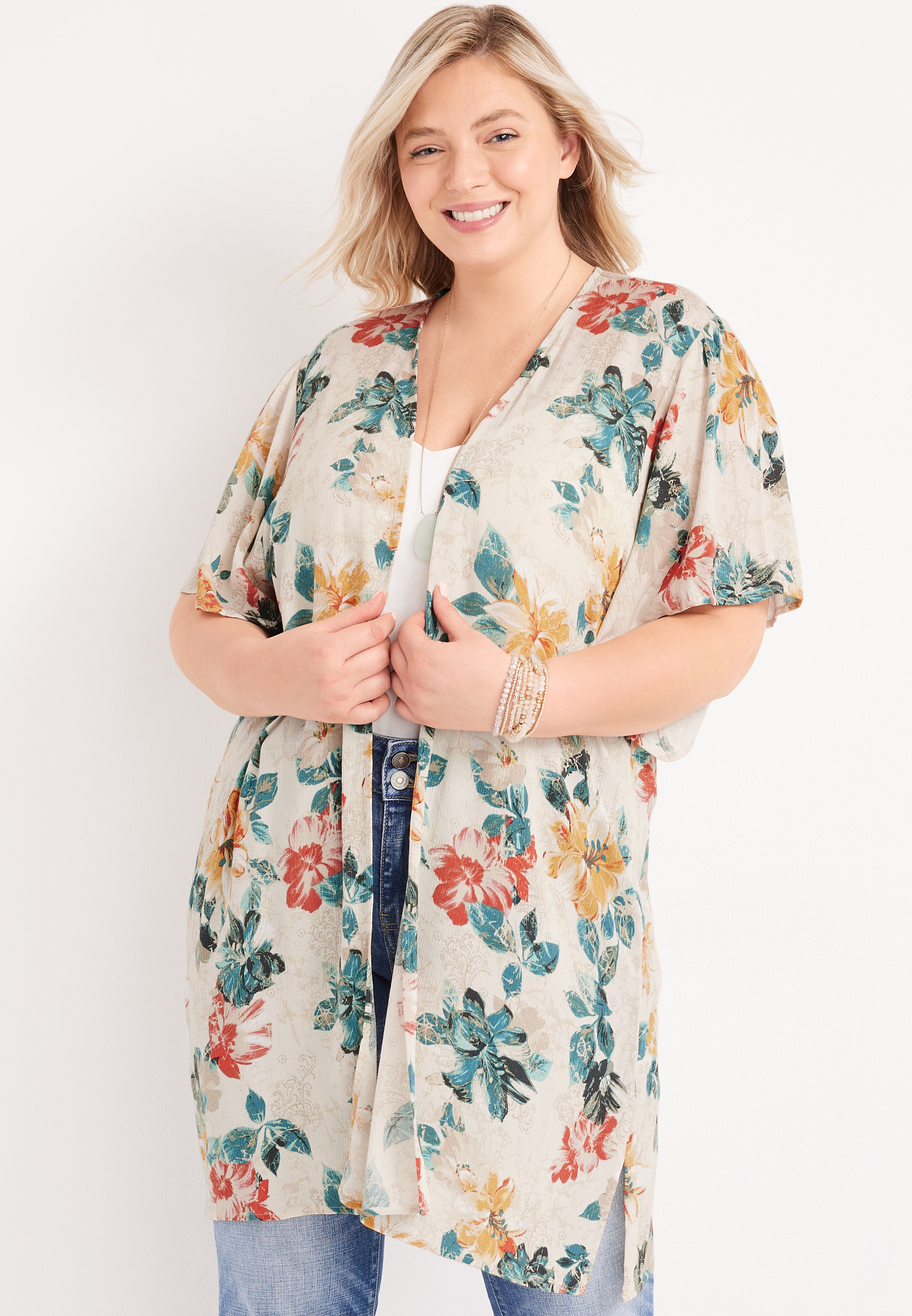 Plus Size White Floral Print Kimono, WHITE COMBO, large