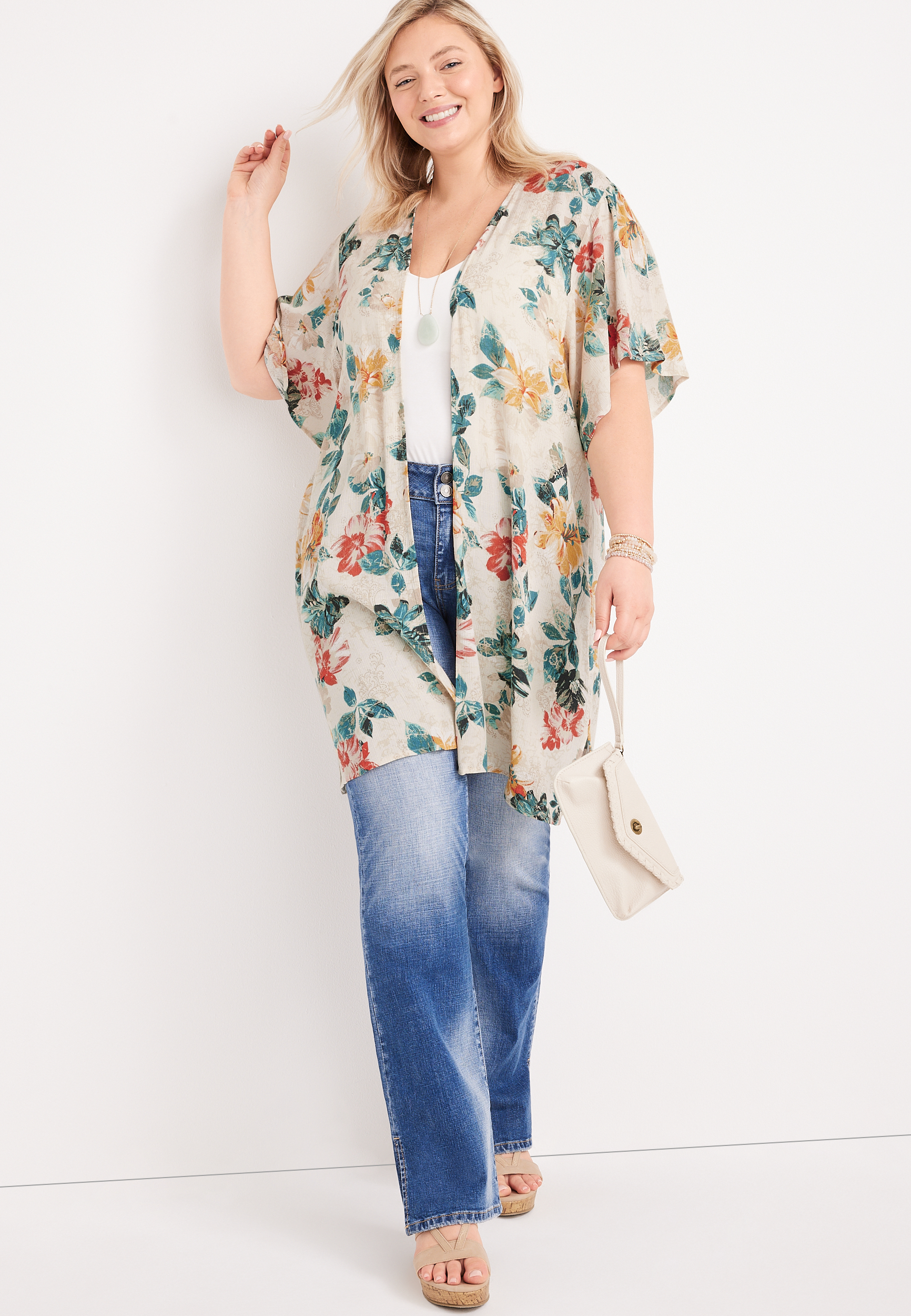 Plus Size White Floral Print Kimono, WHITE COMBO, large