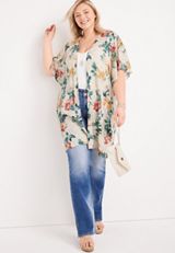 Plus Size White Floral Print Kimono, WHITE COMBO, small