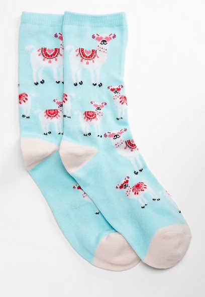 Llama Valentine Graphic Blue Crew Socks