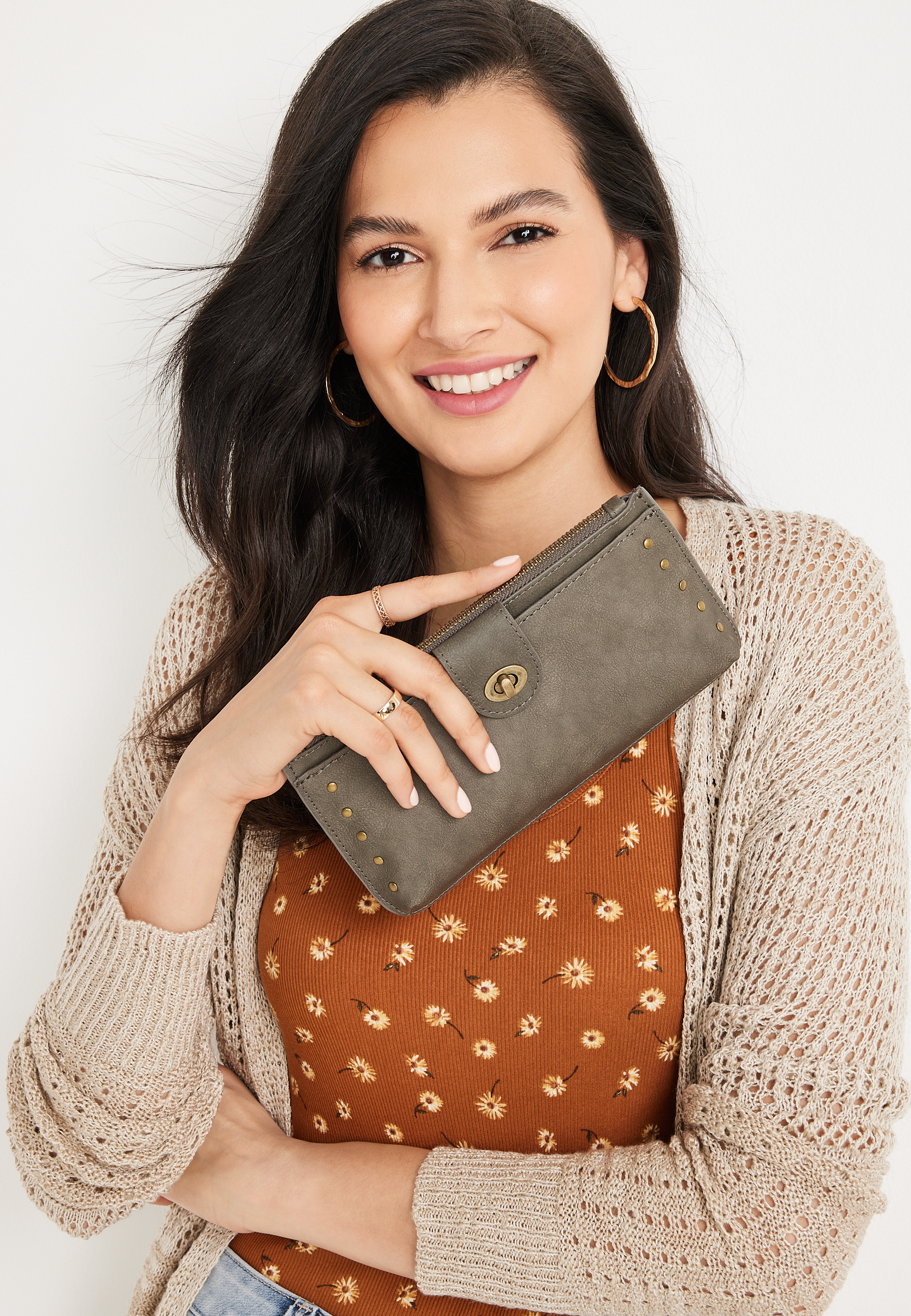 Gray Studded Trim Wristlet, GRAY, large