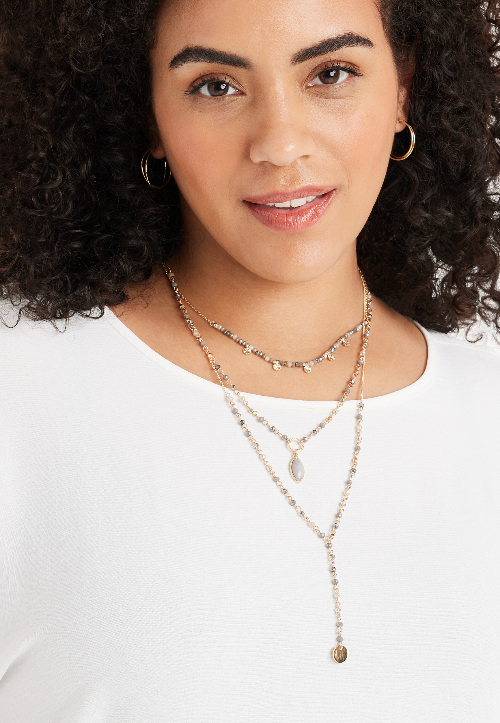 Gold and Gray Bead Layered Y Necklace, , large