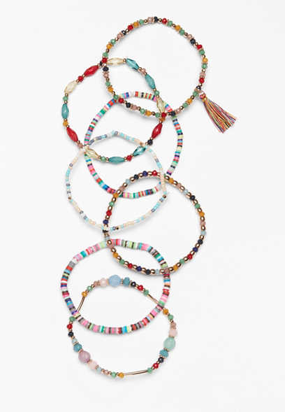 7 Piece Colorful Beaded Stretch Bracelet Set