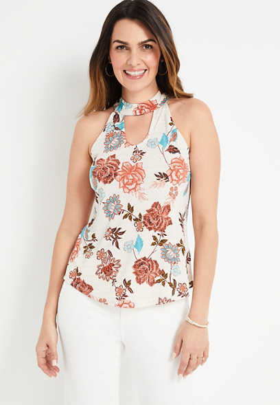 Floral High Neck Cut Out Tank Top