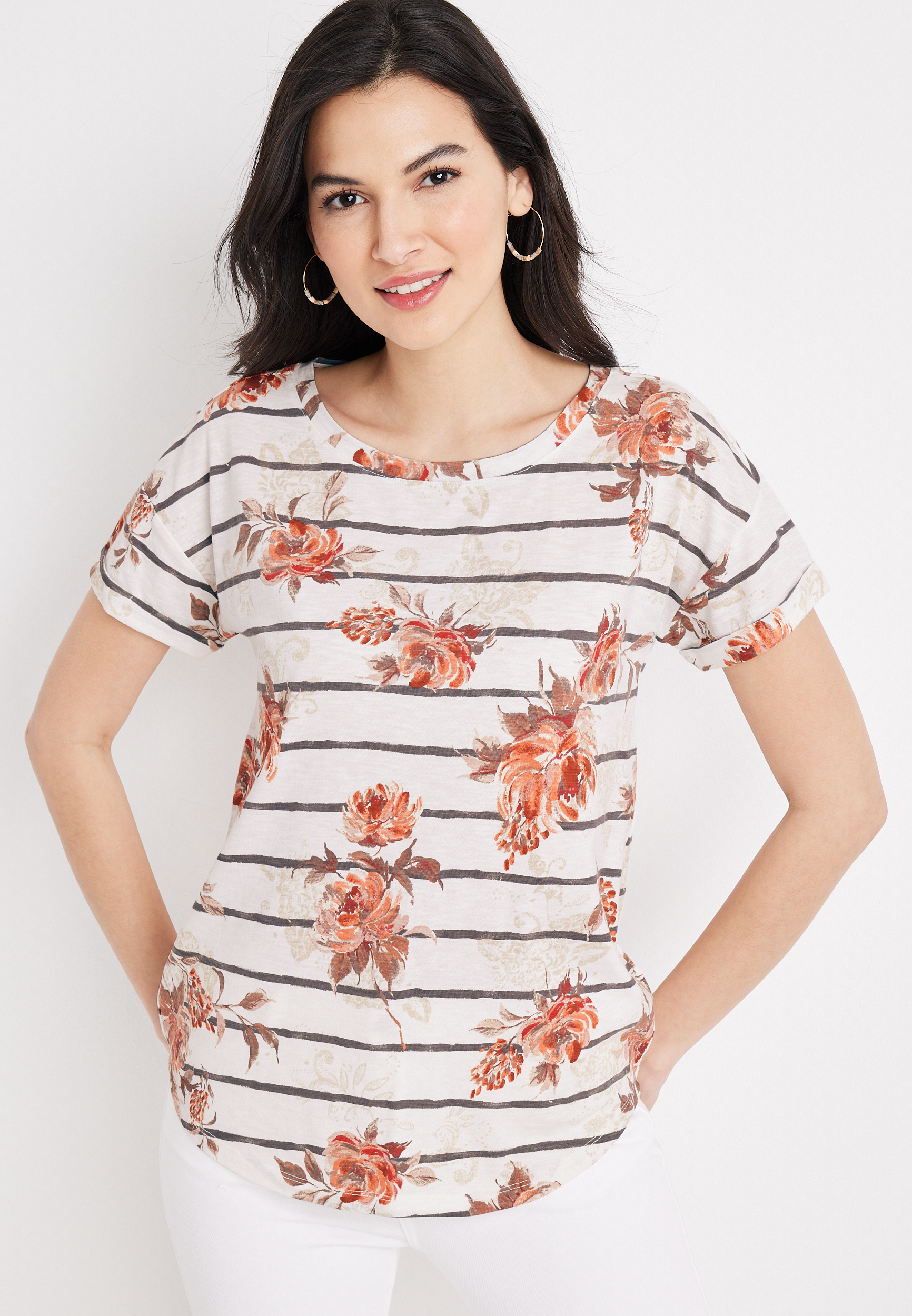 24/7 Forever Striped Floral Drop Shoulder Tee | maurices