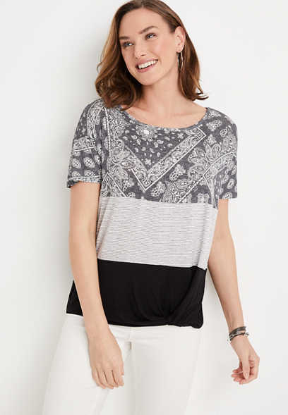 24/7 Flawless Paisley Striped Front Knot Tee