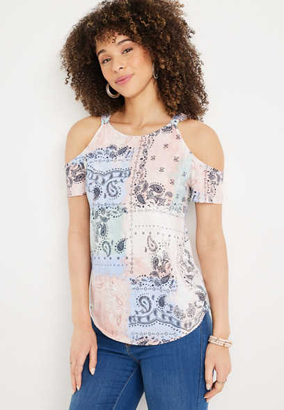 Patchwork Paisley Cold Shoulder Knot Tee