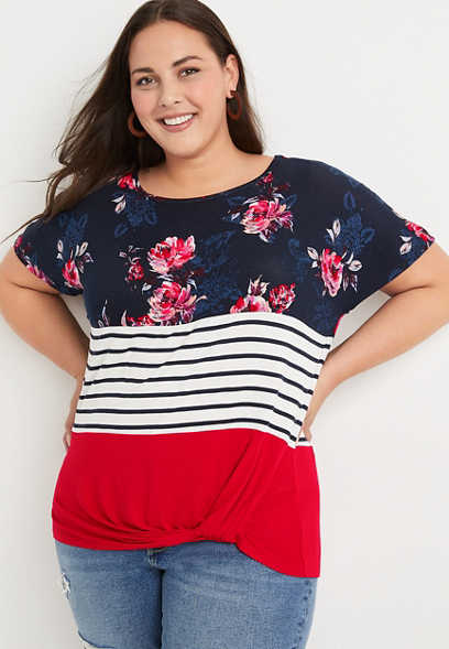 Plus Size 24/7 Flawless Floral Striped Knot Hem Tee