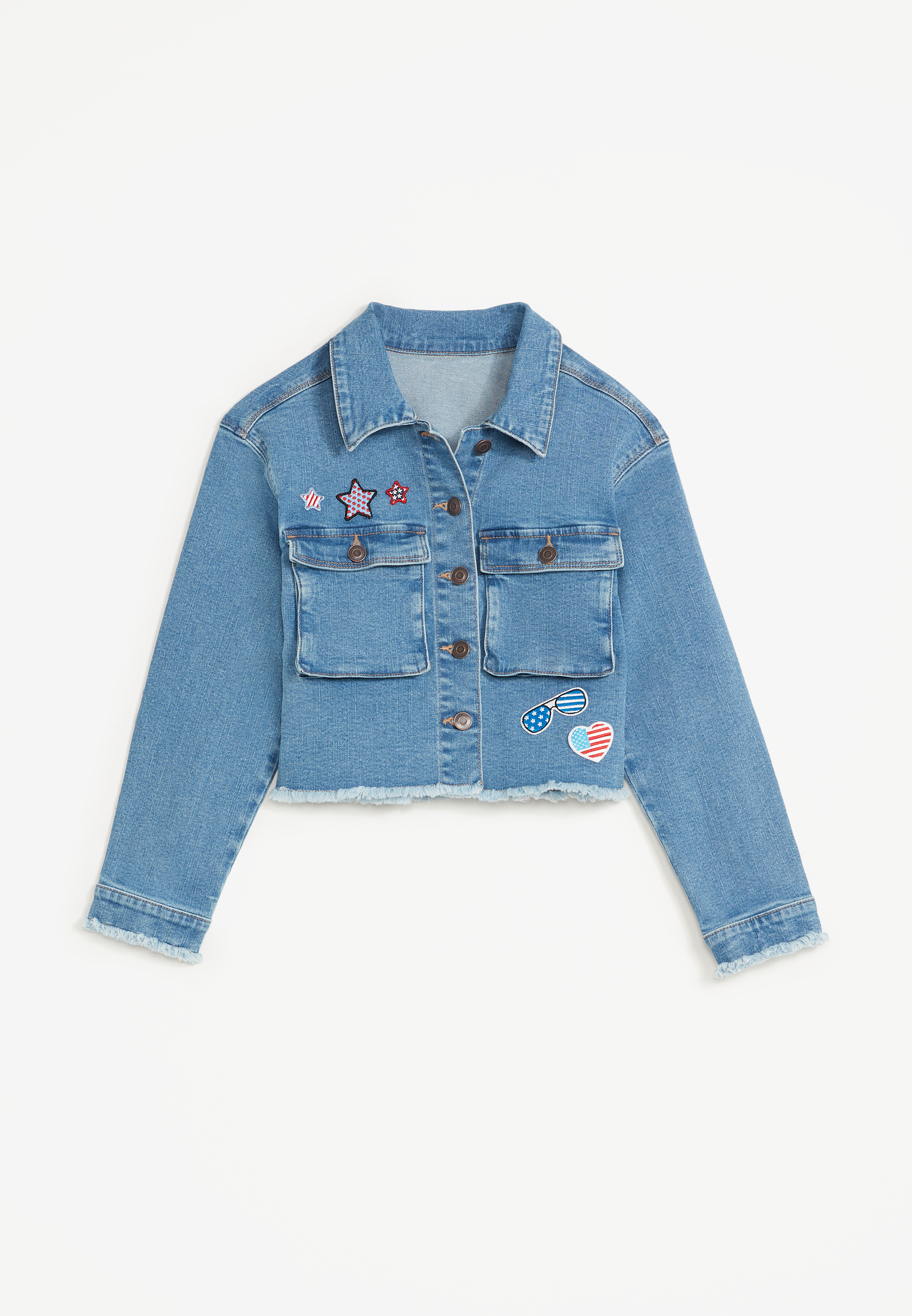 Girls Frayed Americana Patch Denim Jacket | maurices