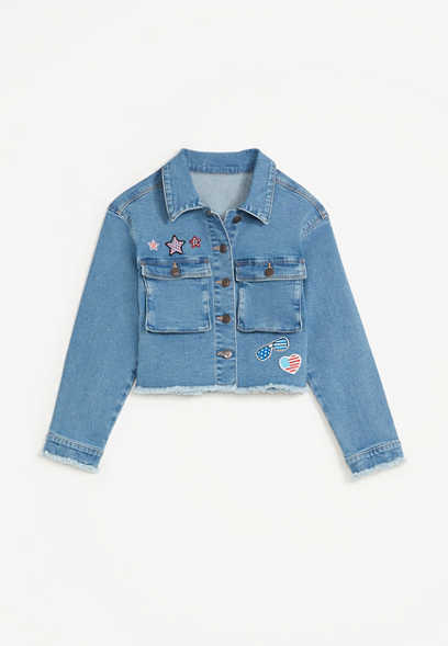 Girls Frayed Americana Patch Denim Jacket