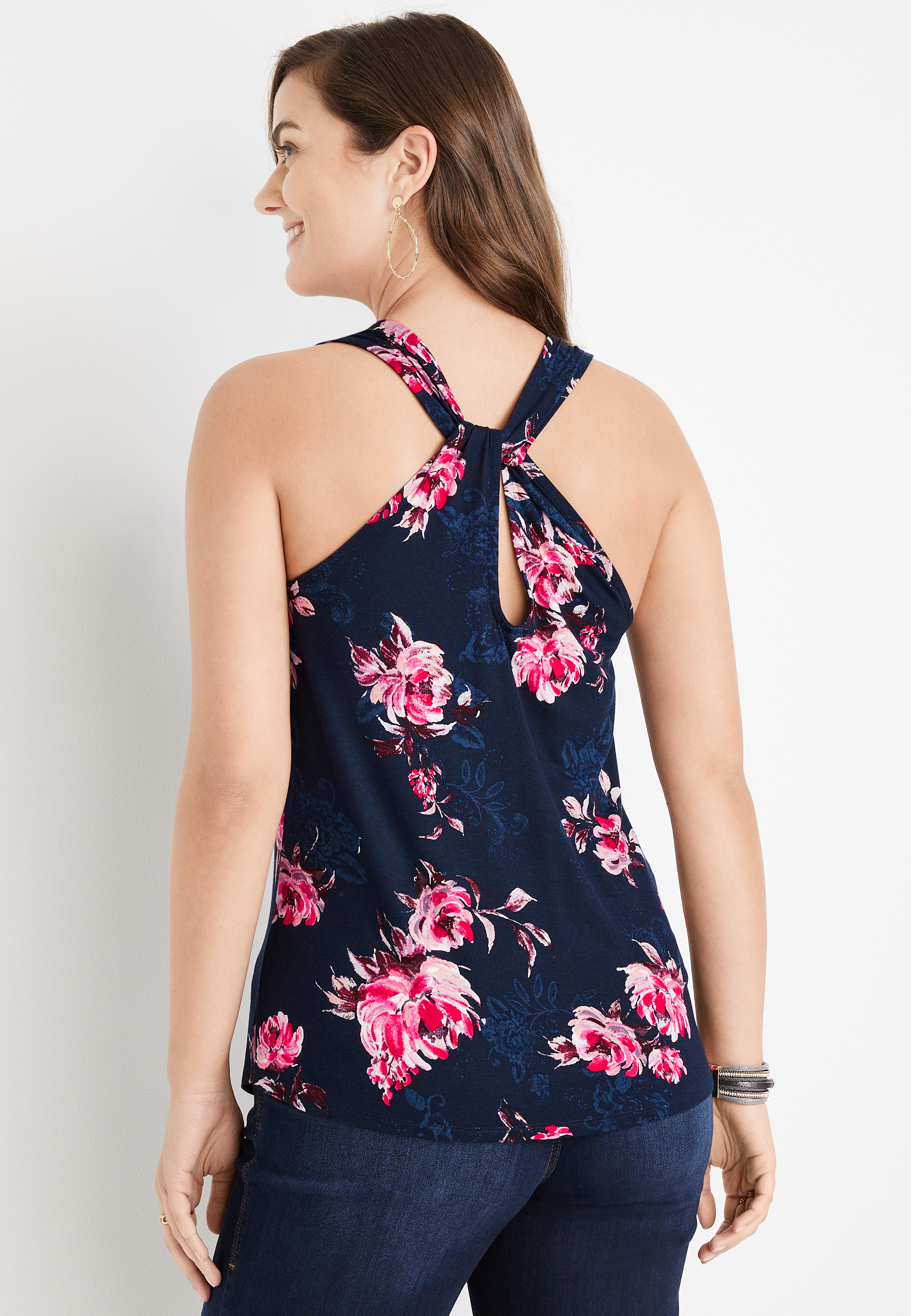 Floral Twist Back Tank Top, BLUE JASMINE COMBO, large