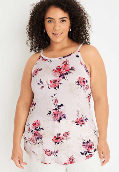 Plus Size 24/7 Flawless Striped Floral High Neck Tank Top