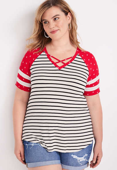 Striped Black and White Tee w/Lace Back Striped Shirt Simply Elegant Clothing Womens Plus Size