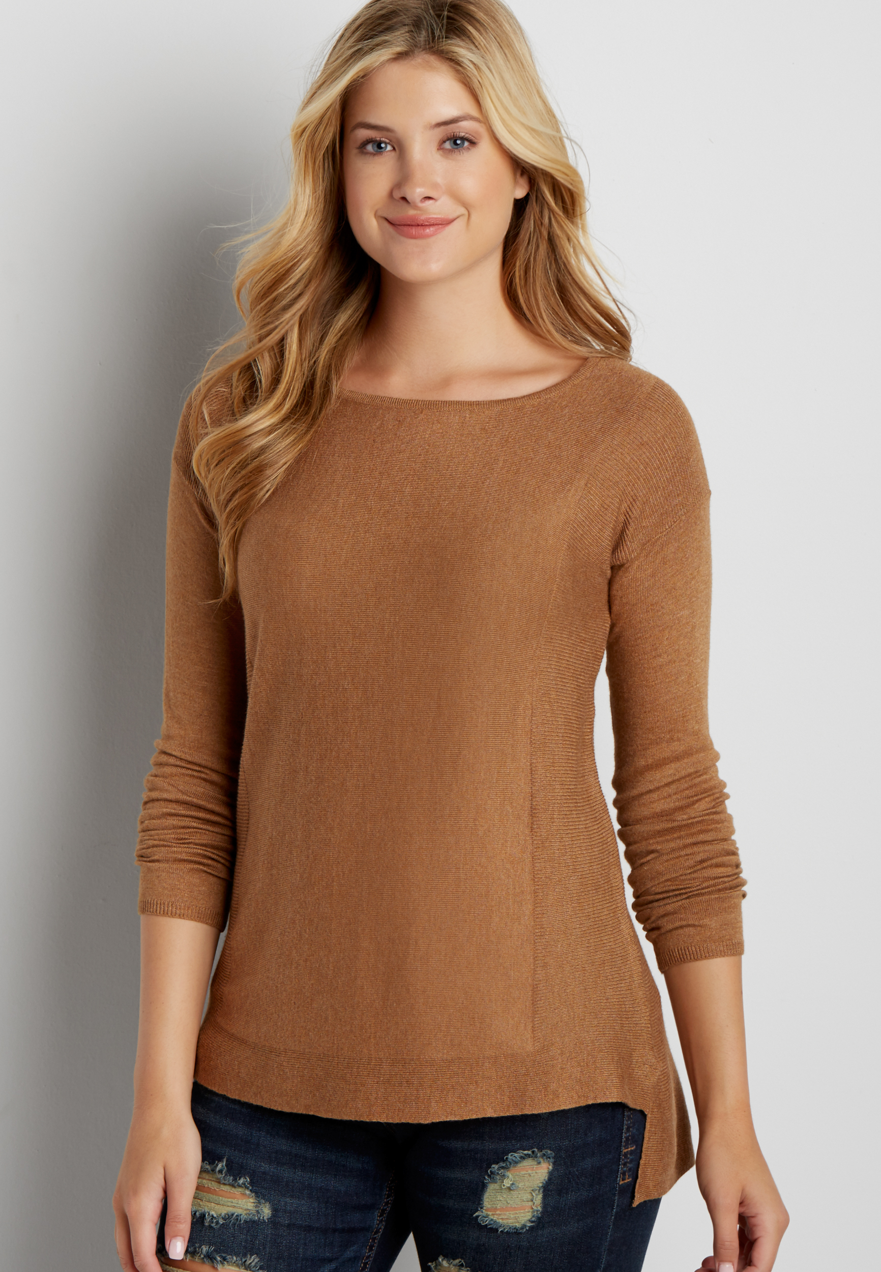 pullover sweater with ribbed sides and high-low hem | maurices