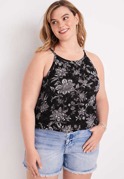 Plus Size 24/7 Flawless Black Floral High Neck Tank Top