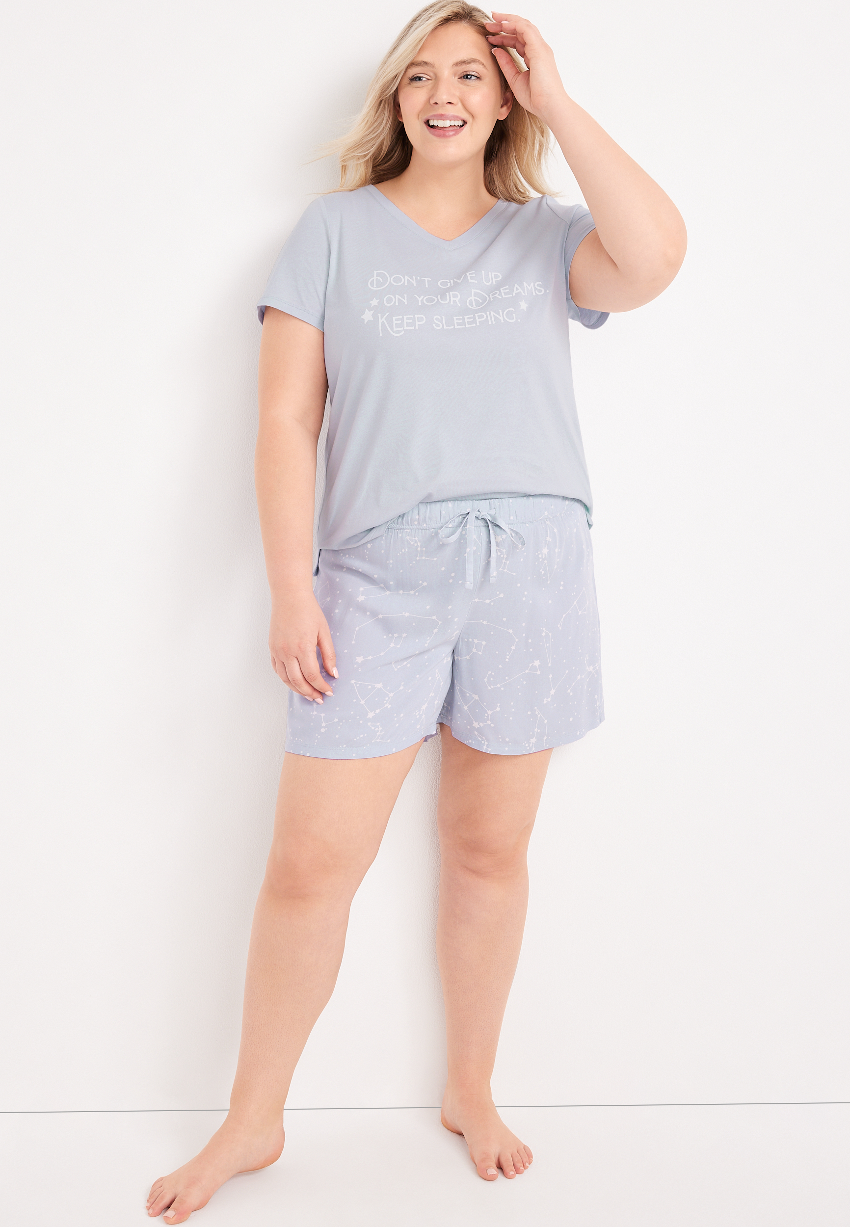 Cozy V Neck Graphic Tee and Shorts Pajama Set, C9337, large