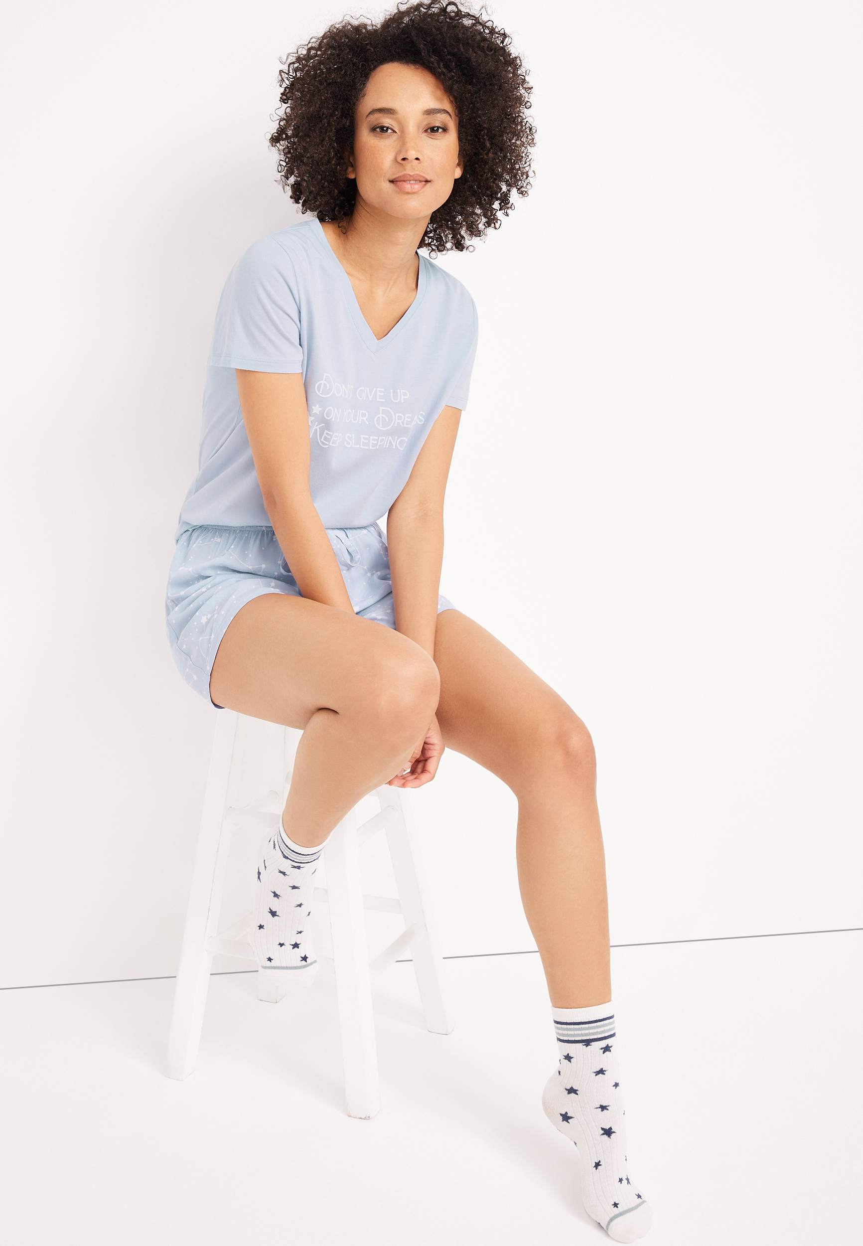 Cozy V Neck Graphic Tee and Shorts Pajama Set, C9337, large