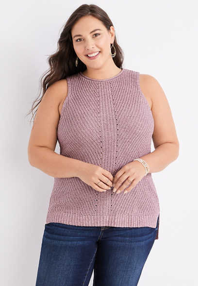 Plus Size Solid High Neck Sweater Tank Top