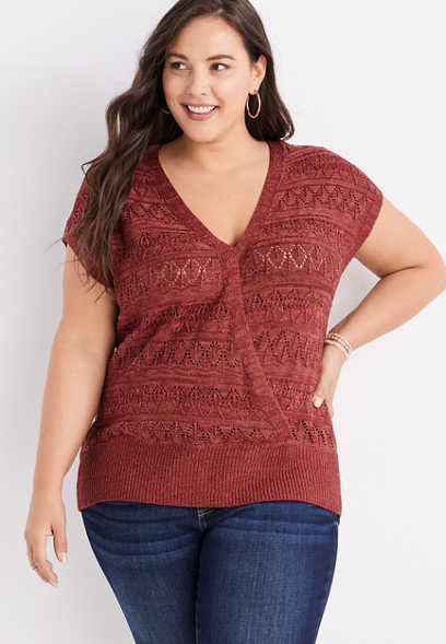 Plus Size Solid Open Stitch V Neck Sweater
