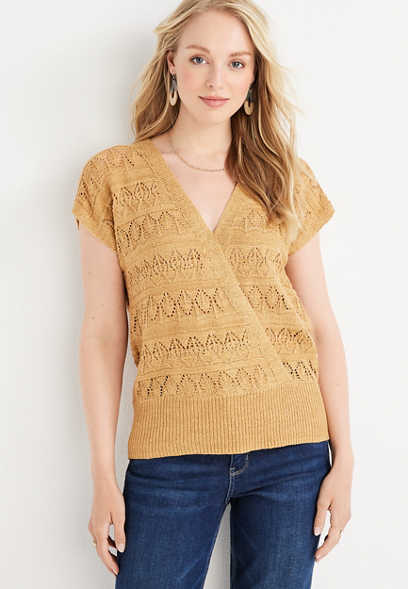 Solid Open Stitch Reversible V Neck Sweater