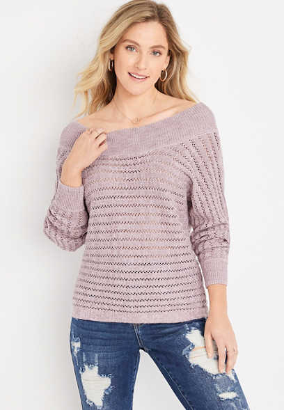 Solid Open Stitch Off The Shoulder Sweater