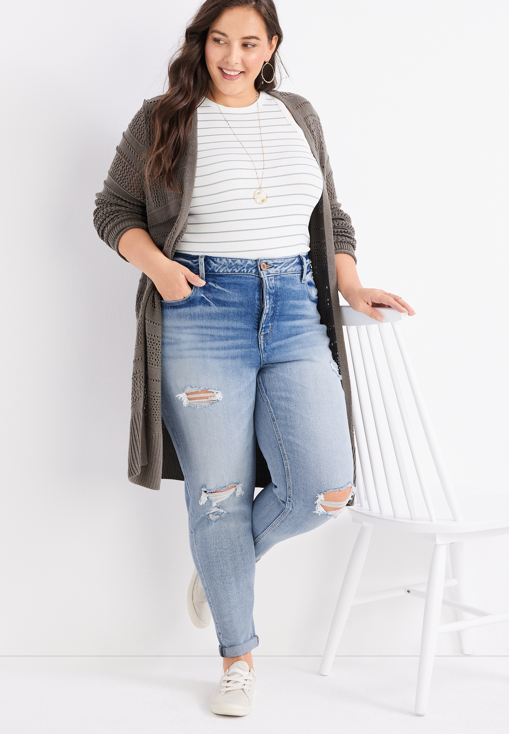 Plus Size edgely&trade; Ripped High Rise Mom Jean, LIGHT SANDBLAST, large